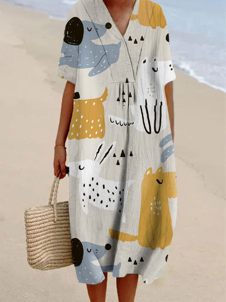 Cartoon Cute Puppy Printed Women's Casual Cotton And Linen