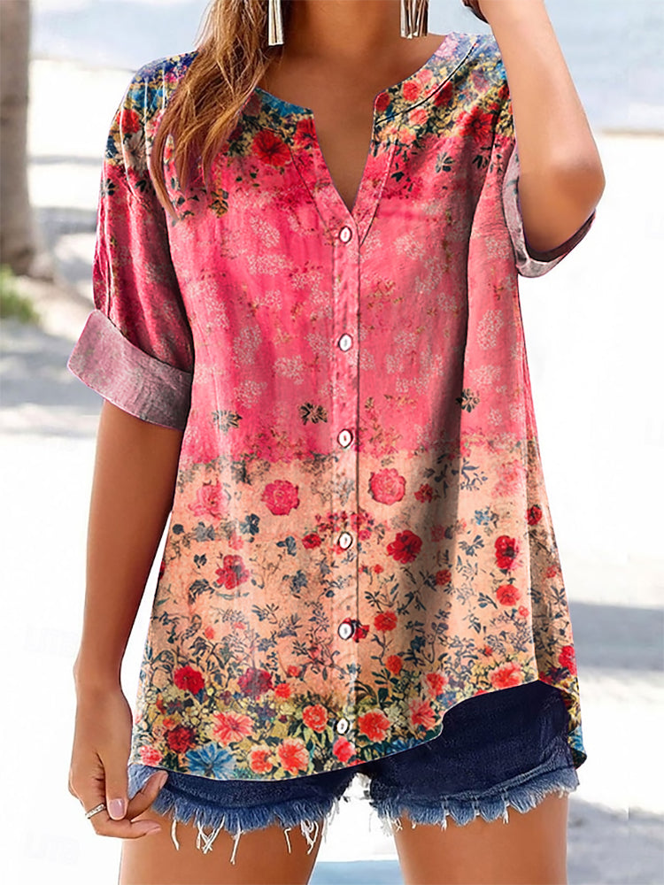 Women's Floral Pattern Art Print Casual Cotton Linen Short Sleeve Shir