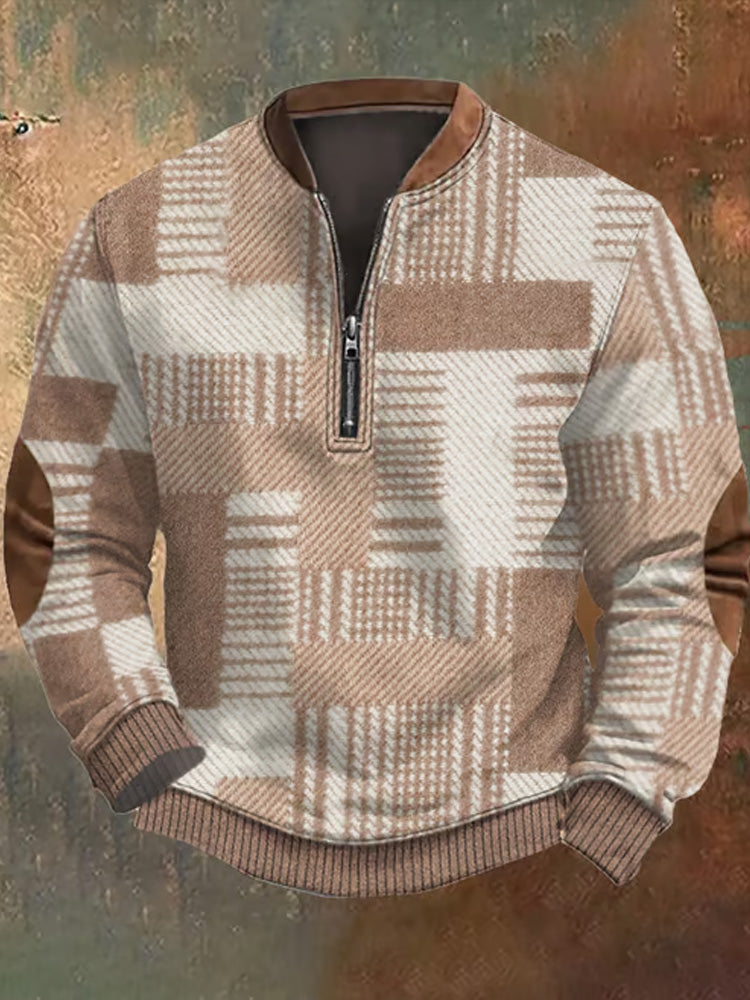 Men's Retro Western Textured Print Zip Collar Sweatshirt elevenforest