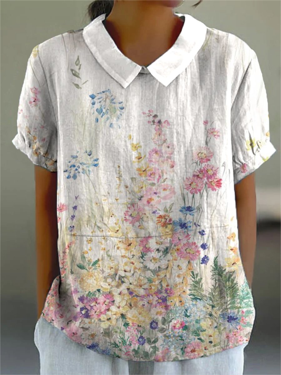 Women's Vintage Botanical Floral Art Print Casual Cotton And Linen Shirt
