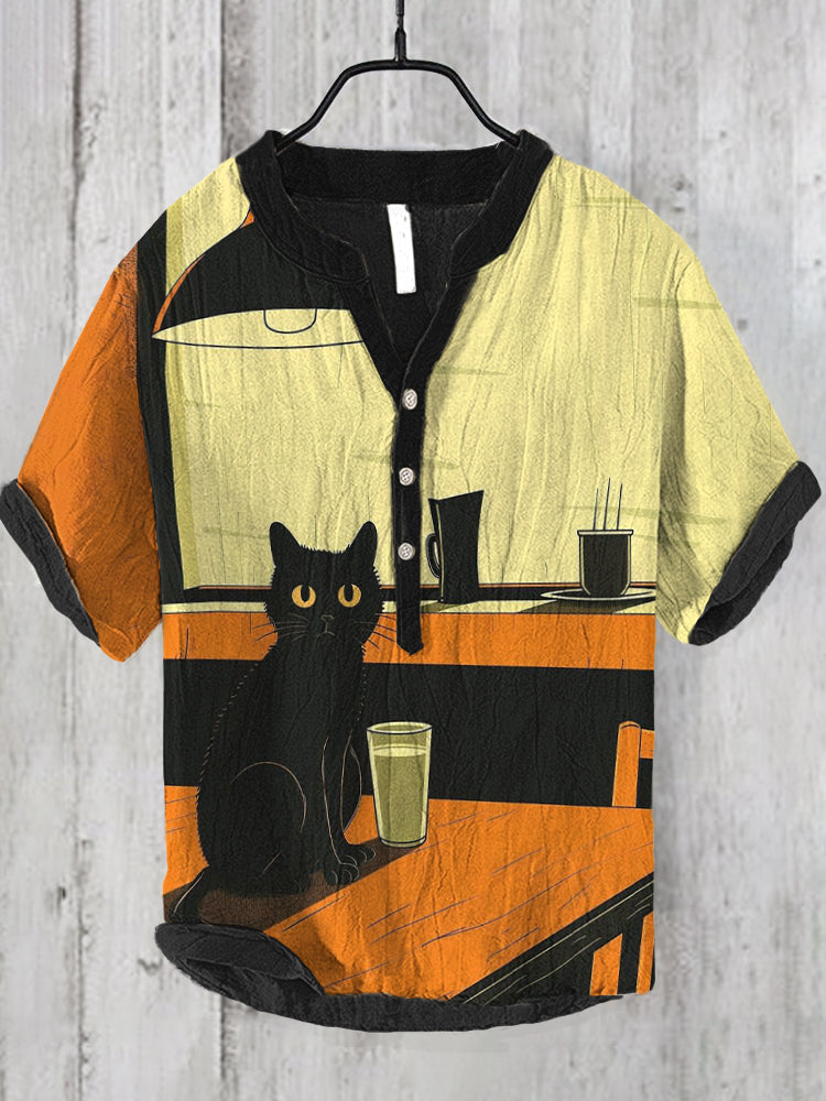 Japanese Black Cat Print Men's Linen V-Neck Shirt elevenforest