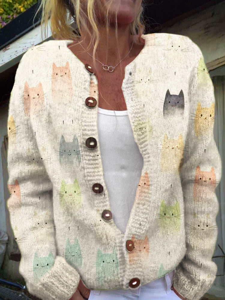Watercolor Cat Pattern Women's Sweater Cardigan elevenforest
