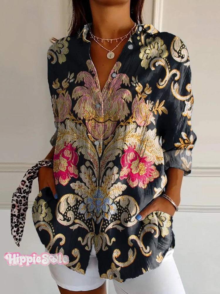 Women's Vintage Lovely Floral Art Print Casual Cotton Shirt