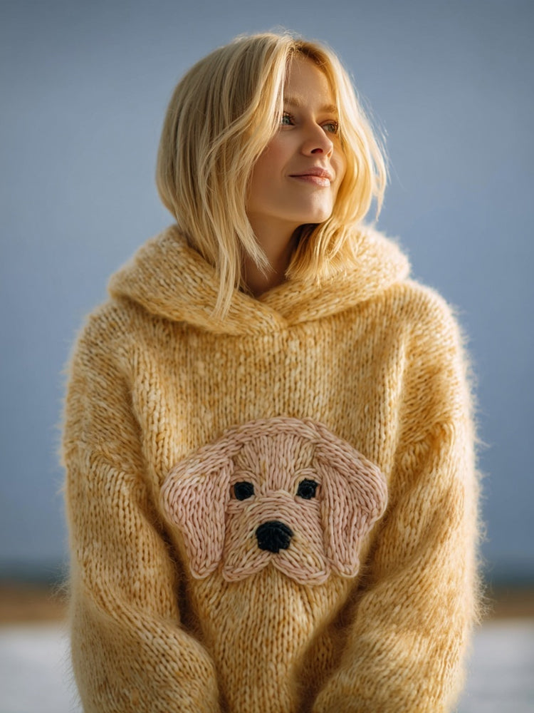 Cute Dog Head Embroidered Cozy Hooded Sweater artswardrobe