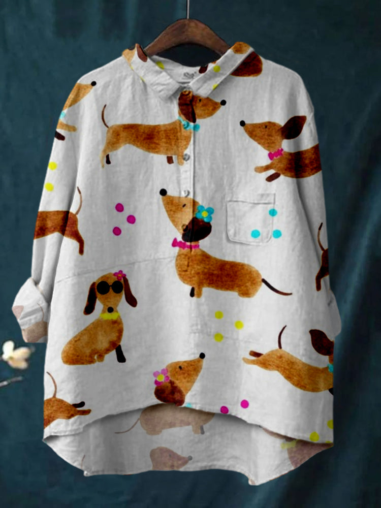 Women's Cute Dogs Print Linen Cotton Casual Shirt