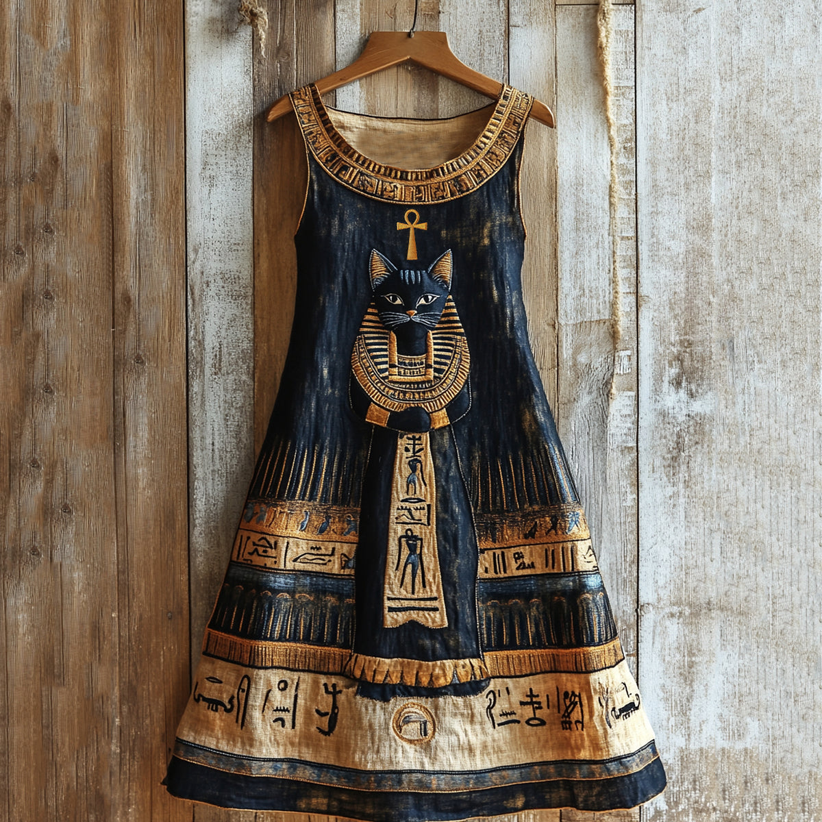 Vintage Ancient Egyptian Bastet Art Black Cat Graphics Linen Sleeveless Maxi Dress