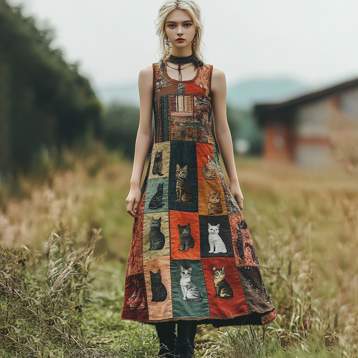 Women's Pop Art Cat Patchwork Design Cotton Line Sling Dress elevenforest