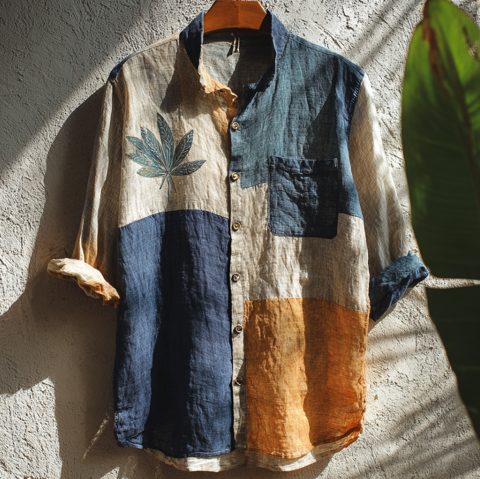 Western Style Bohemian Plant Flower Pattern Color Block Patchwork Retro Cotton And Linen Men's Shirt artswardrobe