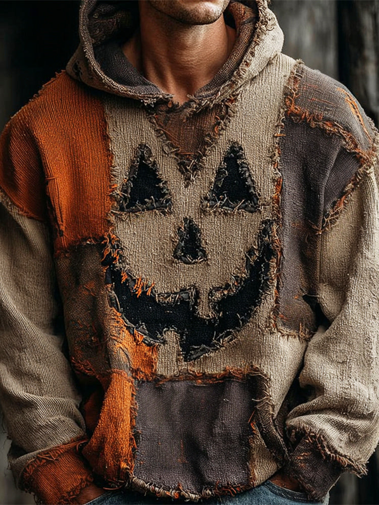 Halloween Pumpkin Face Distressed Patchwork Men's Vintage Linen Hoodie artswardrobe