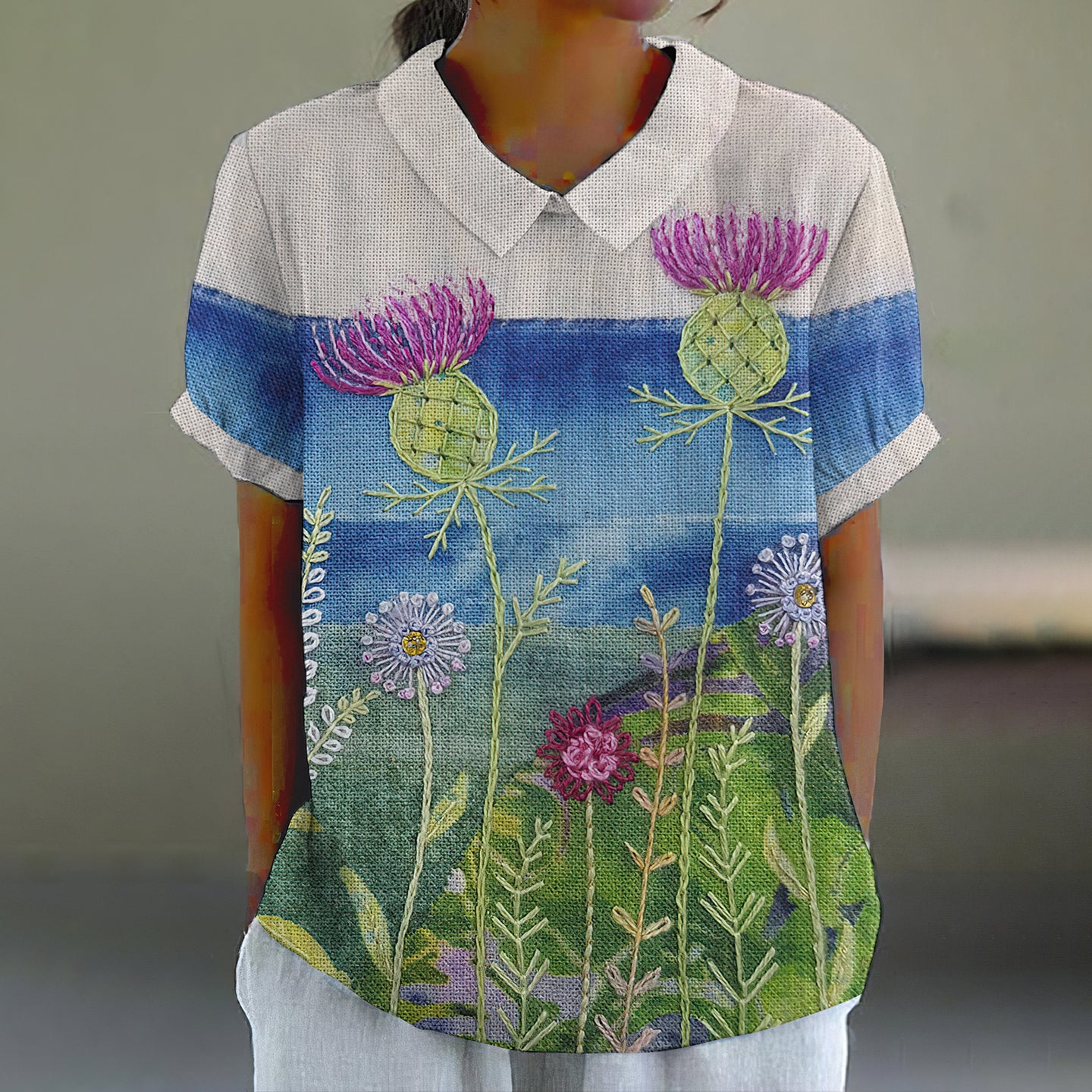 Vintage Thistle Art Embroidery Lapel Linen T-shirt artswardrobe