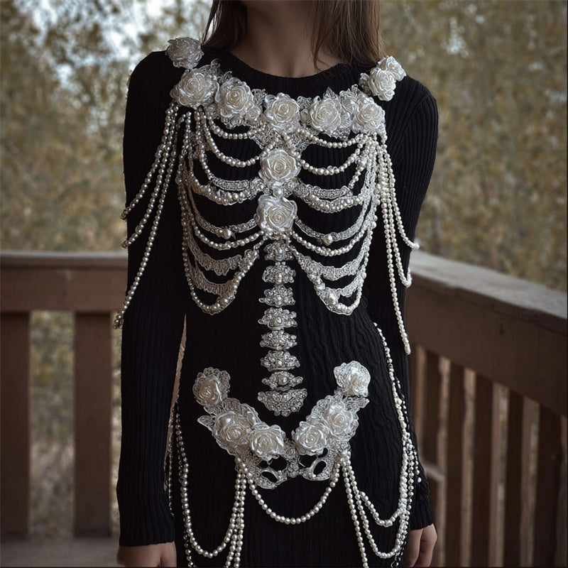 White Roses Skeleton Pearls & Lace Art Sweater Dress artswardrobe