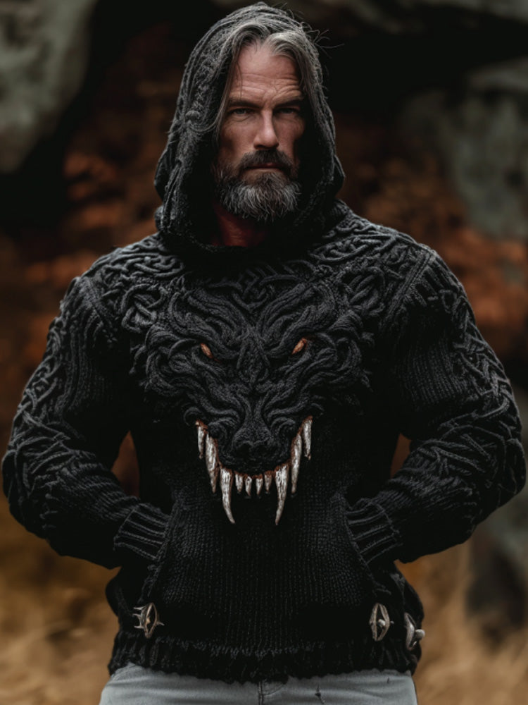 Men's Vintage Viking Wolf Embroidered Hooded Sweater artswardrobe