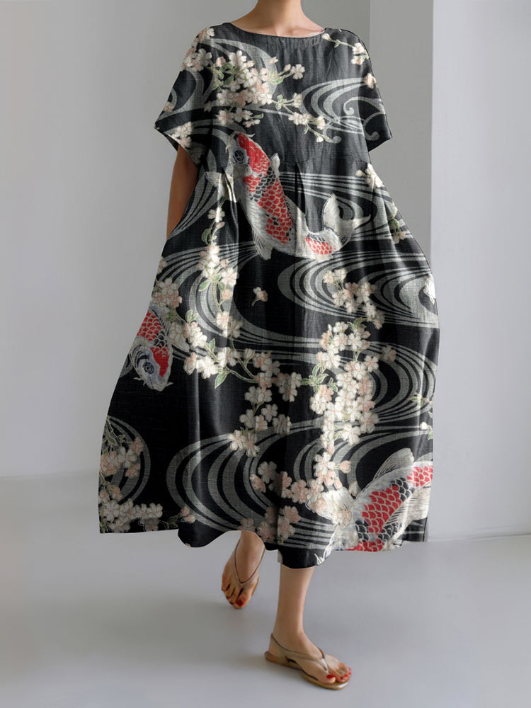 Japanese Art Flower & Fish Print Loose Midi Dress