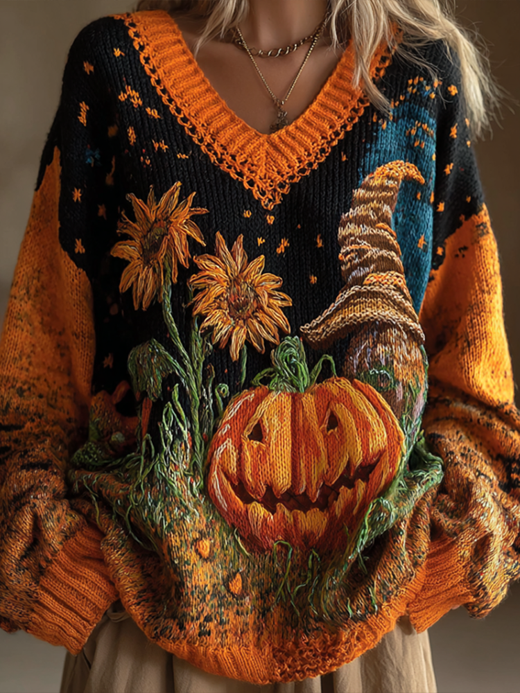 Halloween Theme Women's V-neck Knitted Sweater artswardrobe