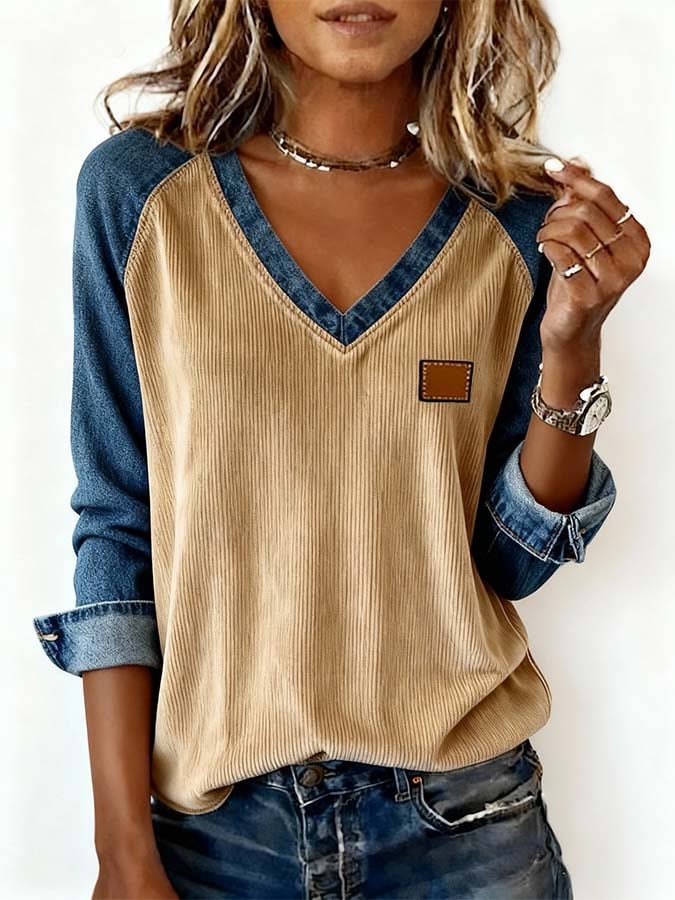 Women'S Casual Contrast Color Stitching Pullover Sweatshirt