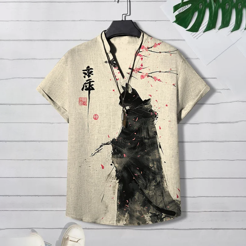 Retro Japanese Cherry Cat Black Robe Taoist Priest Ink Painting Print V-Neck Cotton Linen Shirt elevenforest