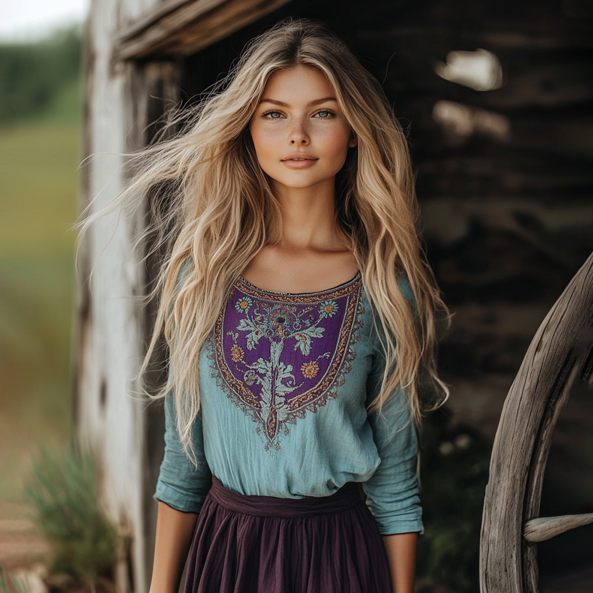 Comstylish Vintage Floral Tribal Embroidery Art Linen Blend Crew Neck T-shirt