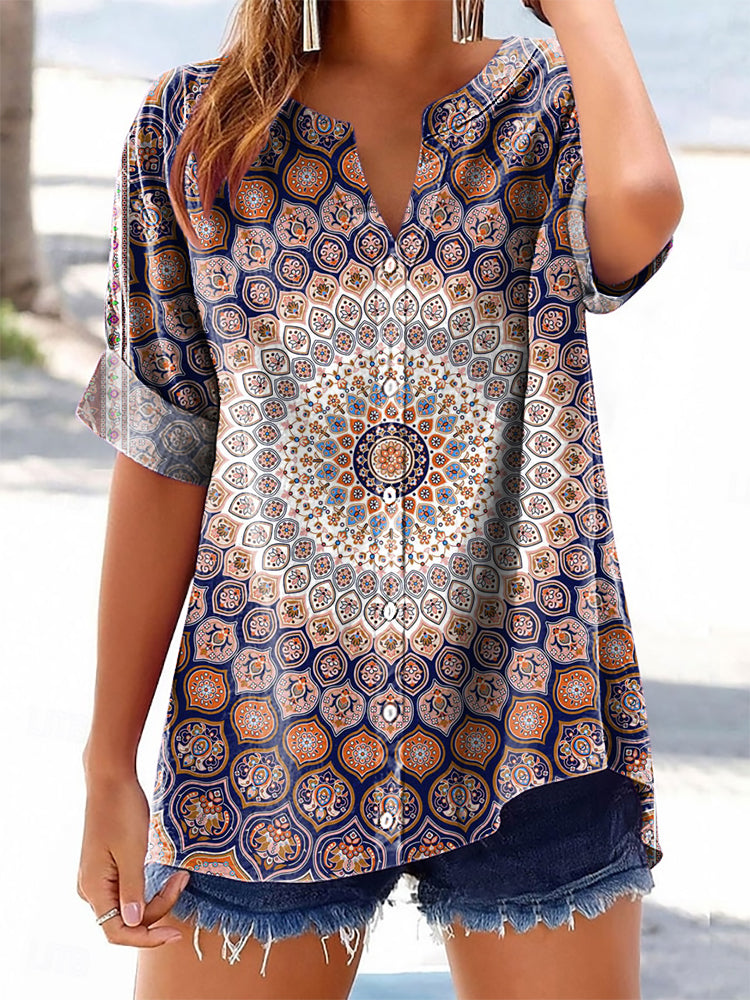 Women's Vintage Ethnic Floral Art Print Casual Cotton And Linen Shirt