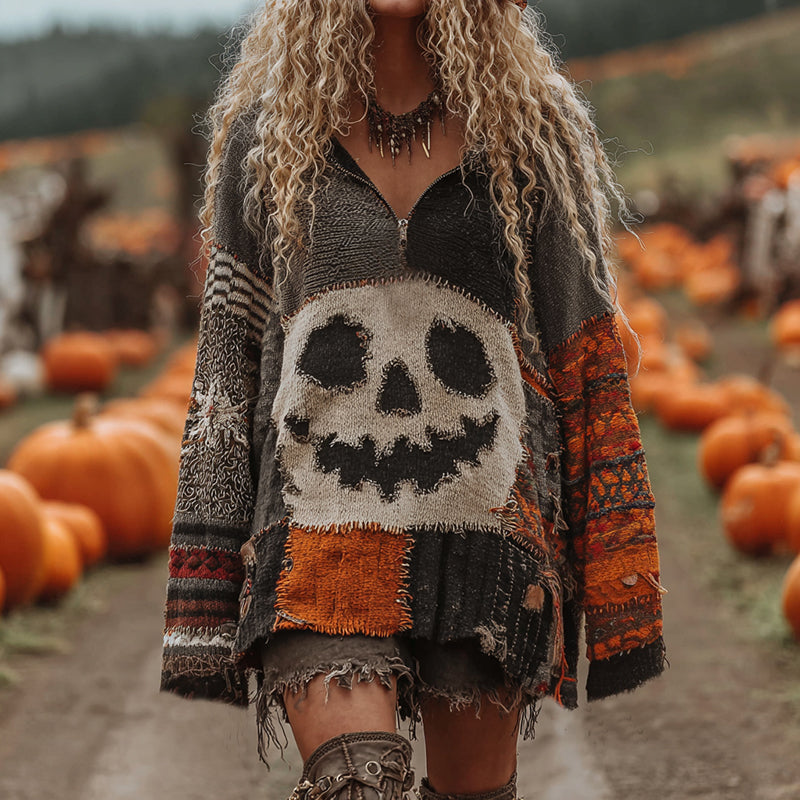 Halloween Face With Striped Art Cozy Knit Zipped Sweater artswardrobe