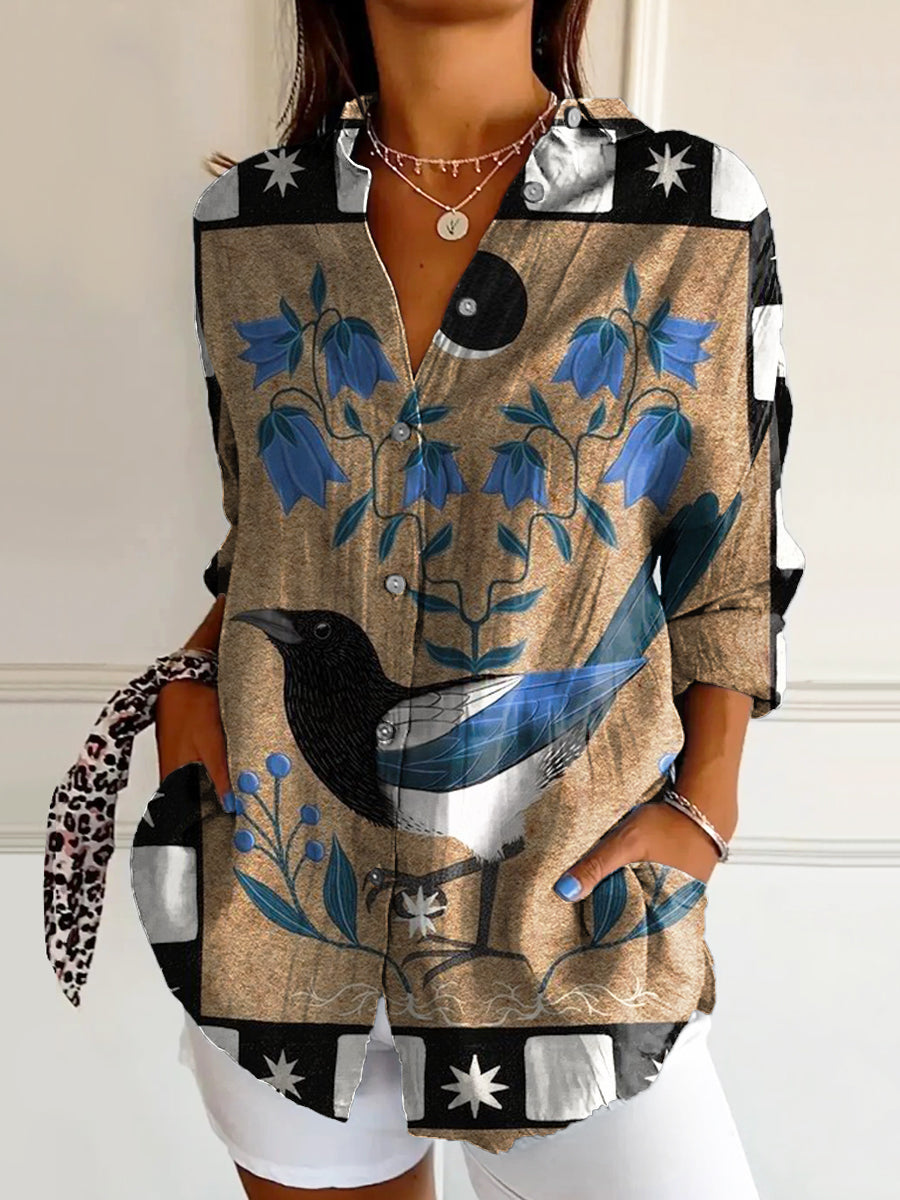 Women's Vintage Floral Bird Art Print Casual Cotton Shirt