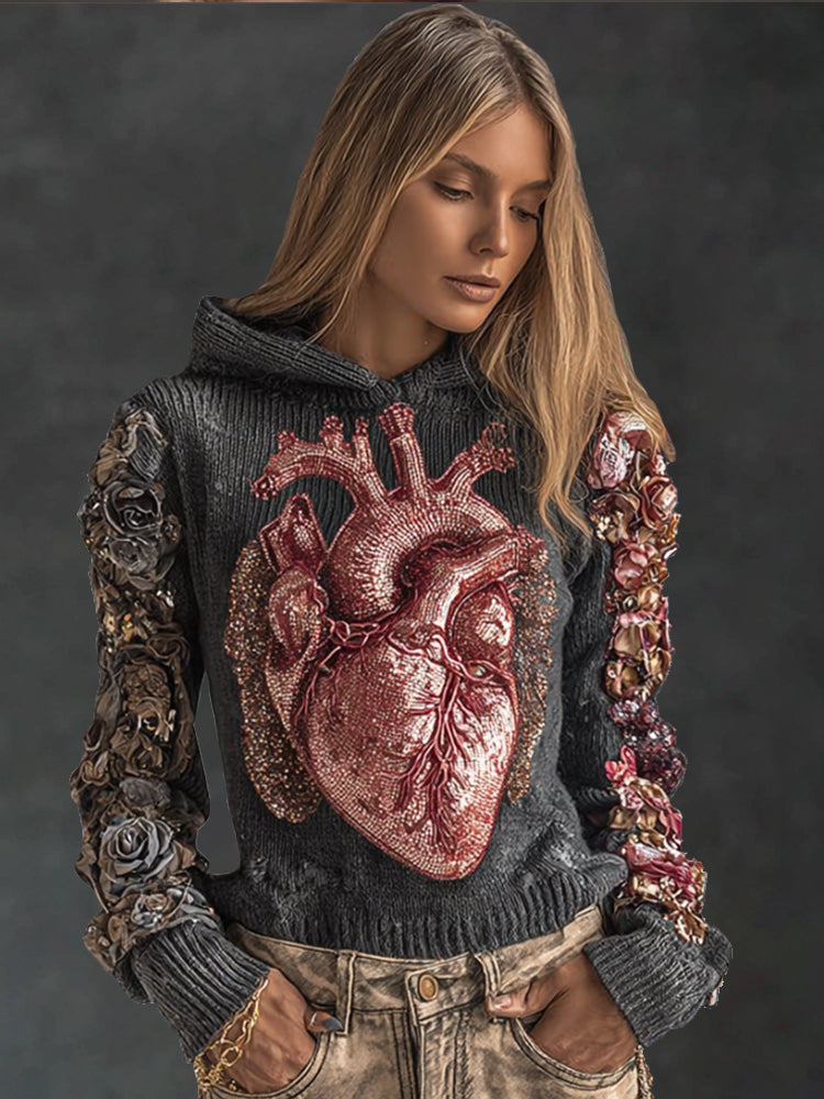 Women's Halloween Silver Pink Heart Embroidered Retro Hoodie Sweater artswardrobe