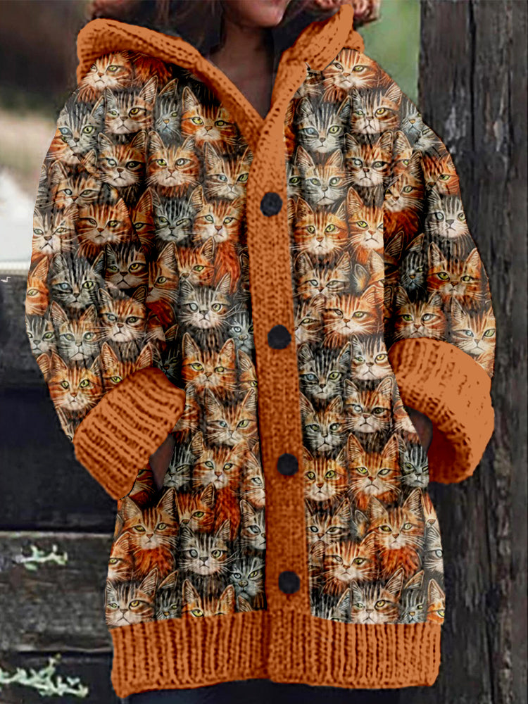 Lots Of Cats Pattern Cozy Hooded Cardigan elevenforest