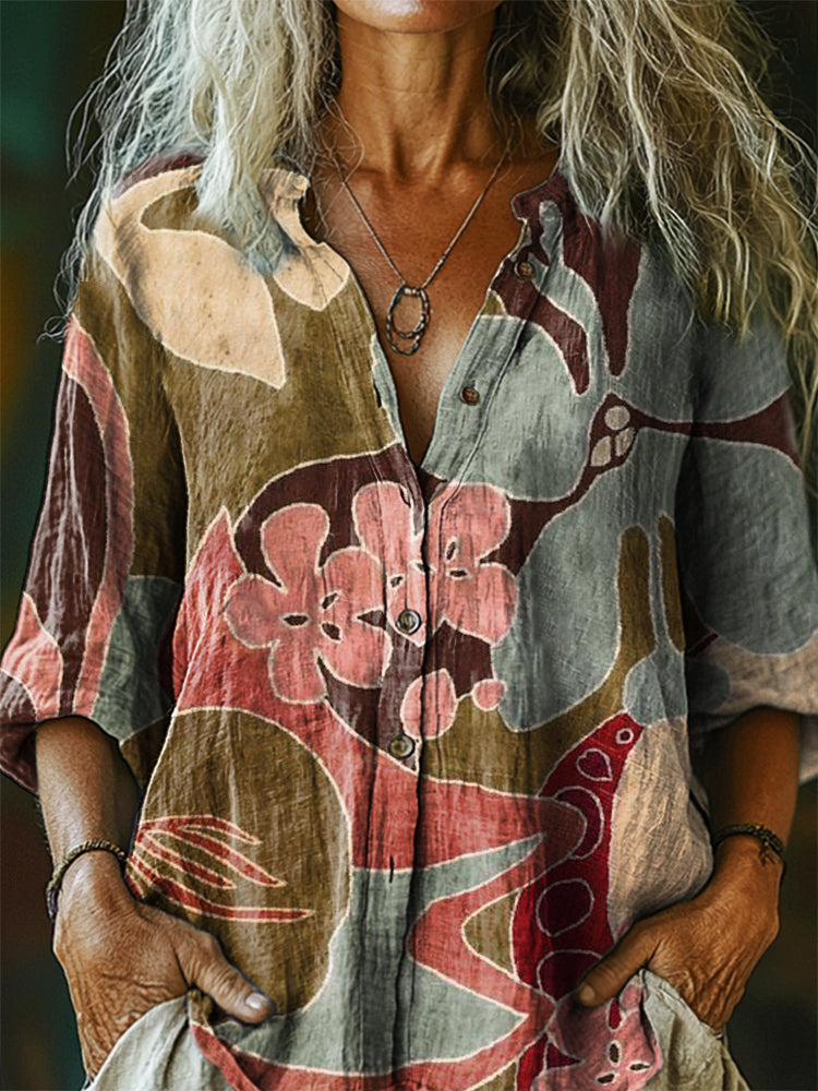 Women's Vintage Floral Tattoo Pattern Art Print Linen Cotton Casual Sh