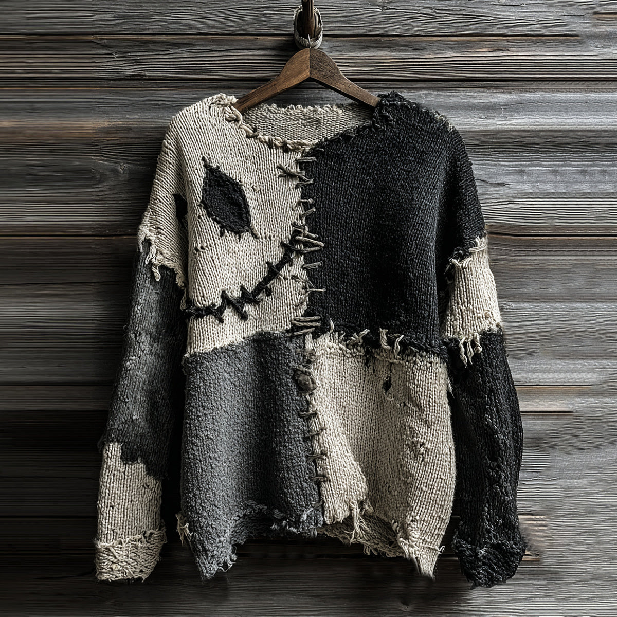 Vintage Halloween Spooky Face Sewn Knitted Crew Neck Cozy Sweater elevenforest