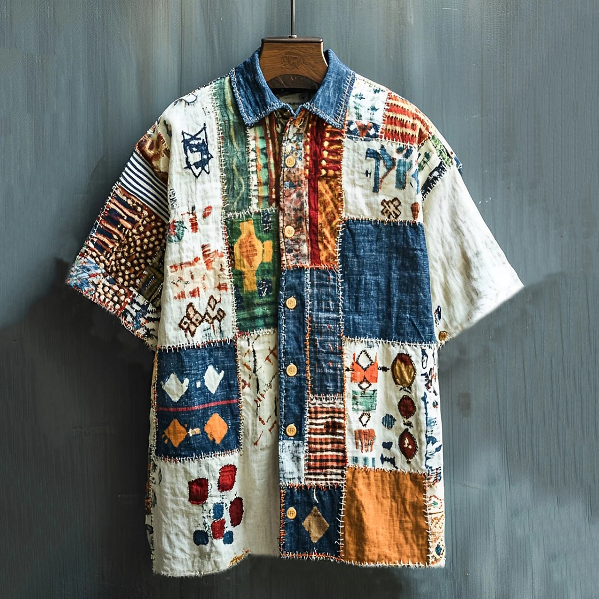 Men's Vintage Spliced contrasting Geometric Linen Shirt artswardrobe