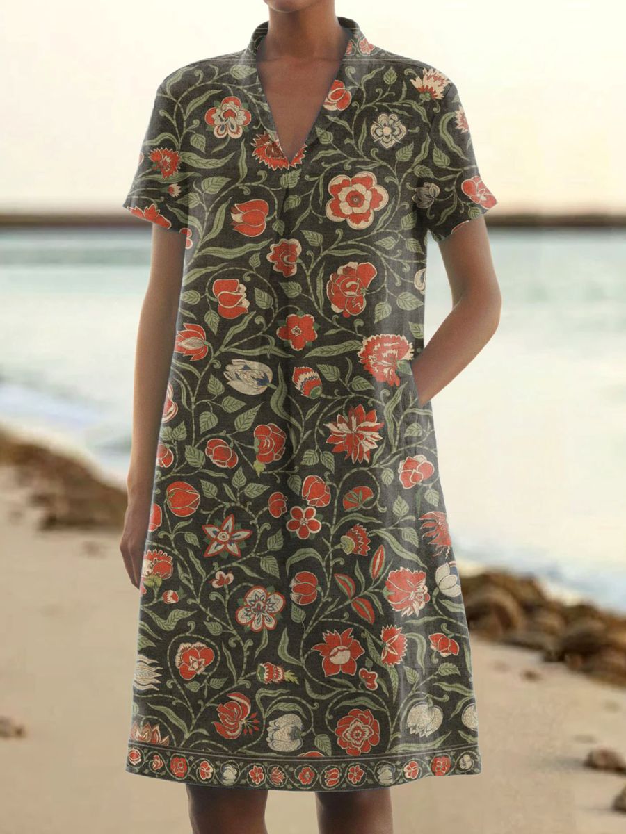 Women's Vintage Folk Art Floral Pattern Print V-Neck Linen Pocket Dres