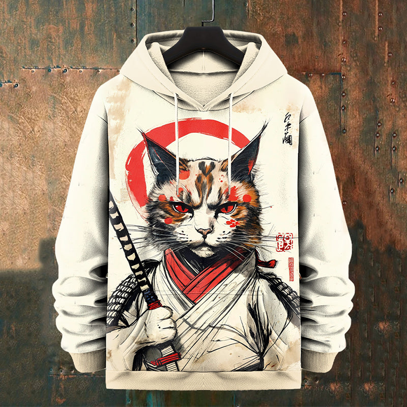 Men's Japanese Samurai Cat Art Graphics Print Casual Hoodie elevenforest