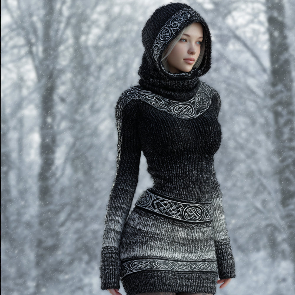 Viking Style Mysterious Celtic Knot Gradient Hooded Skirt artswardrobe