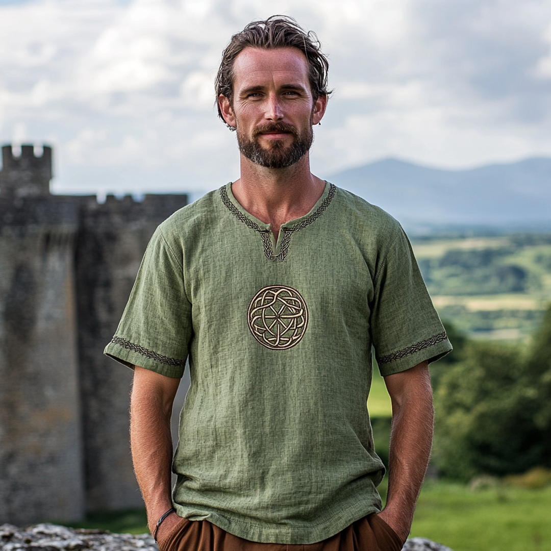 Vintage Viking Rune Print Linen Short Sleeve Shirt artswardrobe