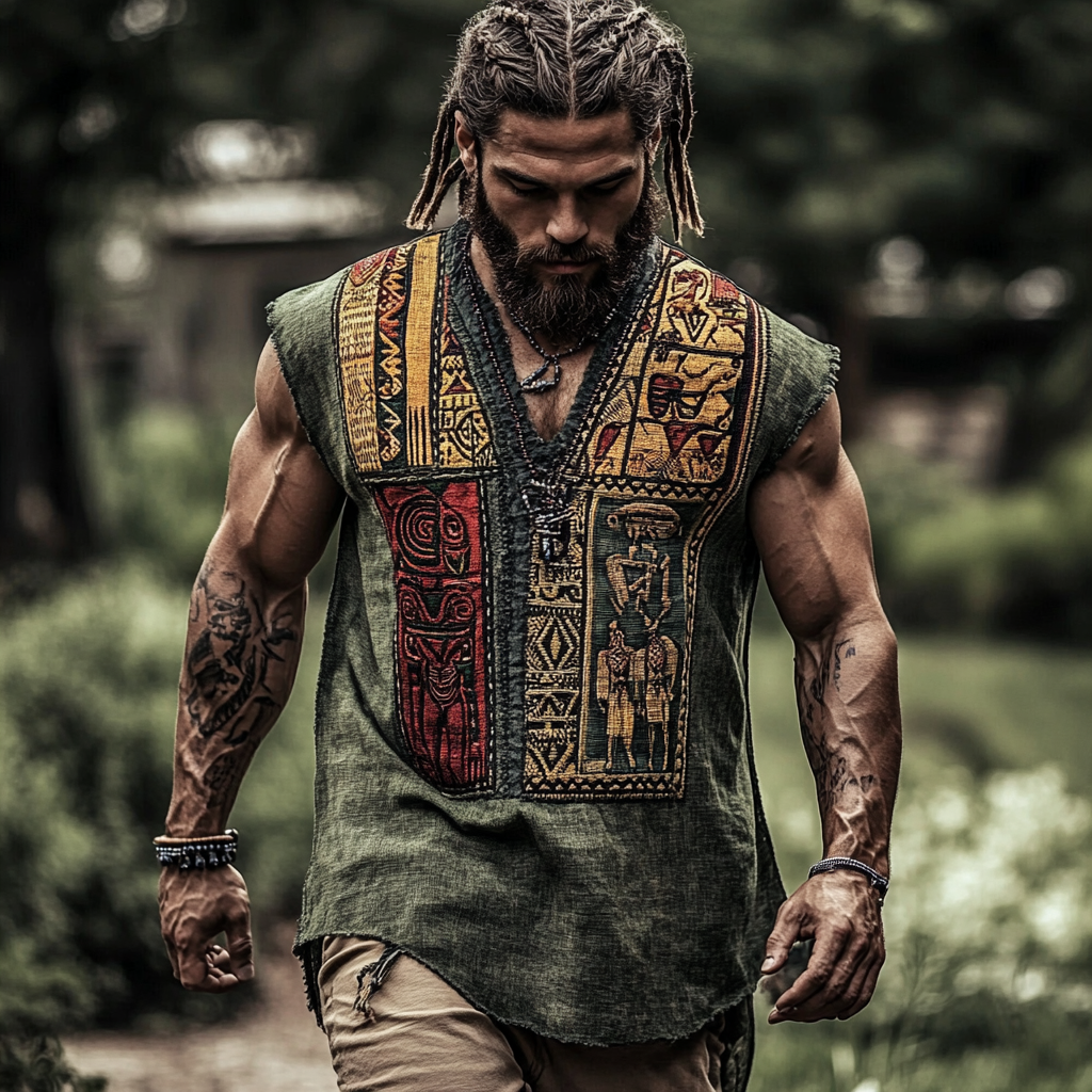 Men's African Ethnic Geometric Juneteenth Art Linen Tank Top artswardrobe