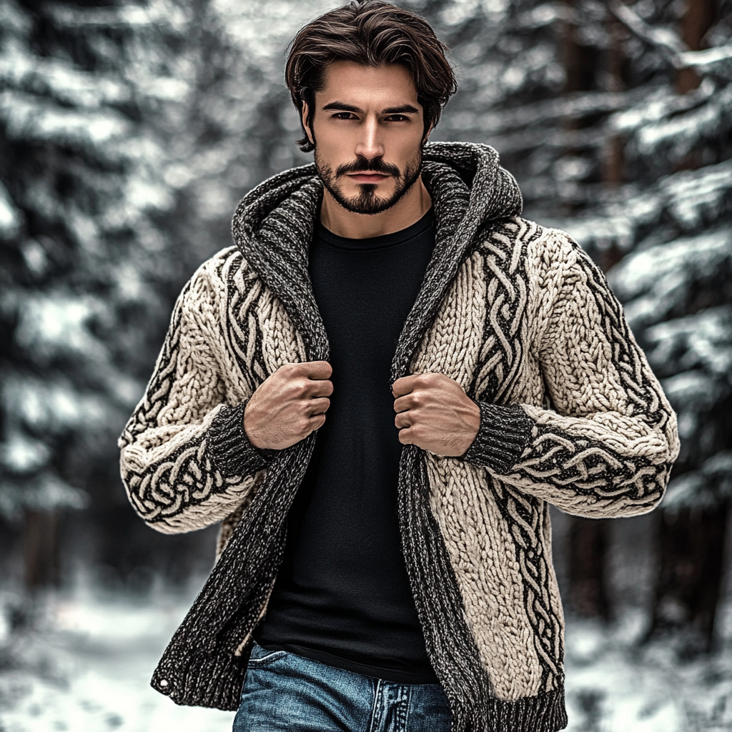 Men's Vintage Celtic Knot Jacquard Chunky Knit Cozy Zip Up Cardigan Sweater artswardrobe