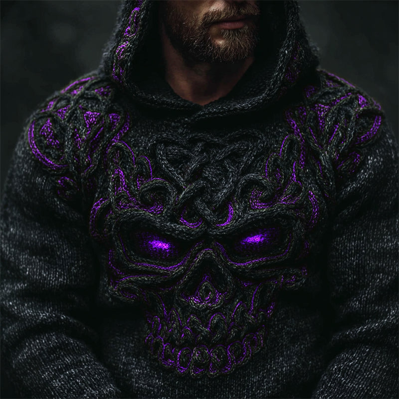 Men's Halloween Skull Celtic Knot Chunky Cozy Knit Hooded Sweater artswardrobe