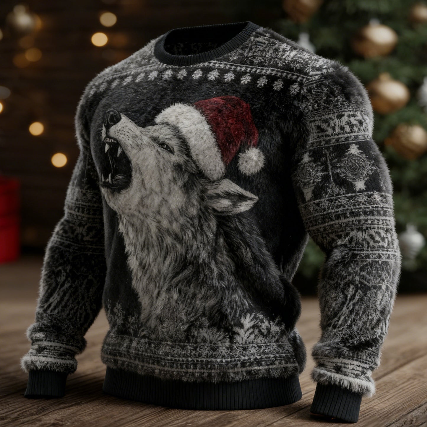 Comstylish Men's Retro Viking Christmas Wolf Art Crew Neck Casual Flannel Sweatshirt