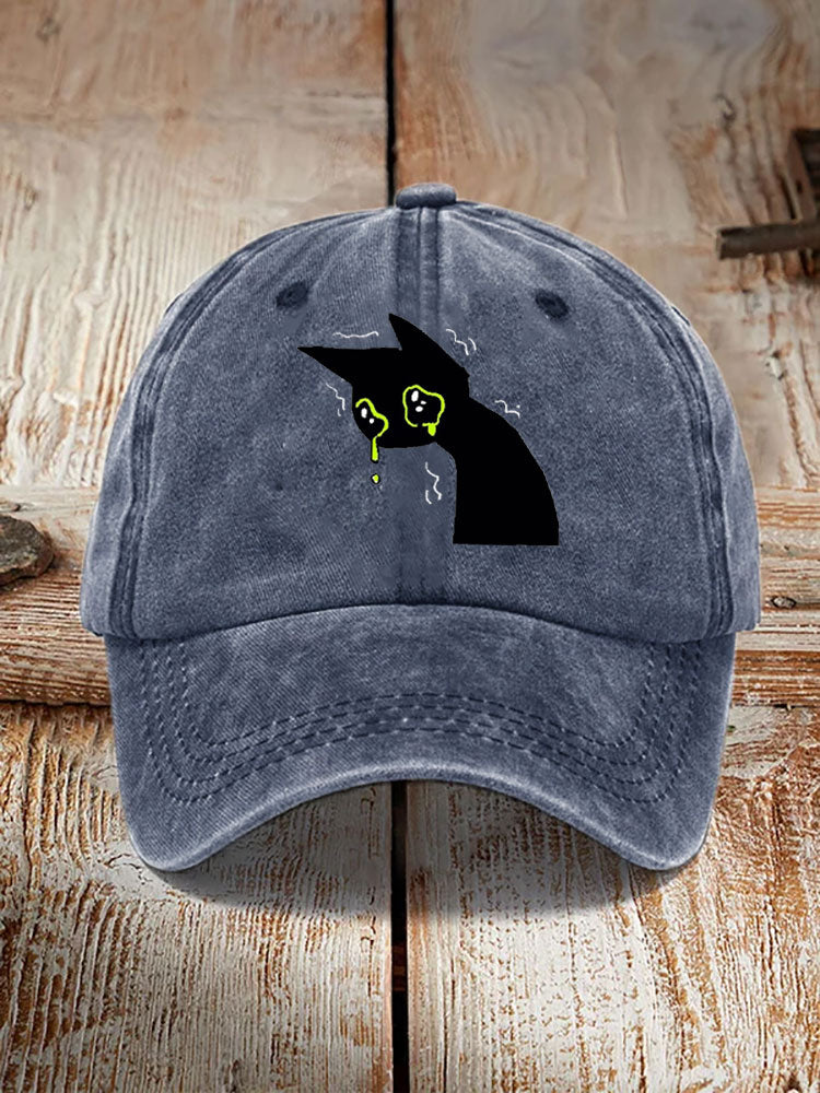 Japanese Art Black Cat Print Washed Hat elevenforest