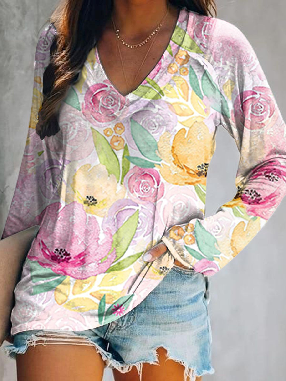 Women's Floral Art Print V-Neck Long Sleeve Top
