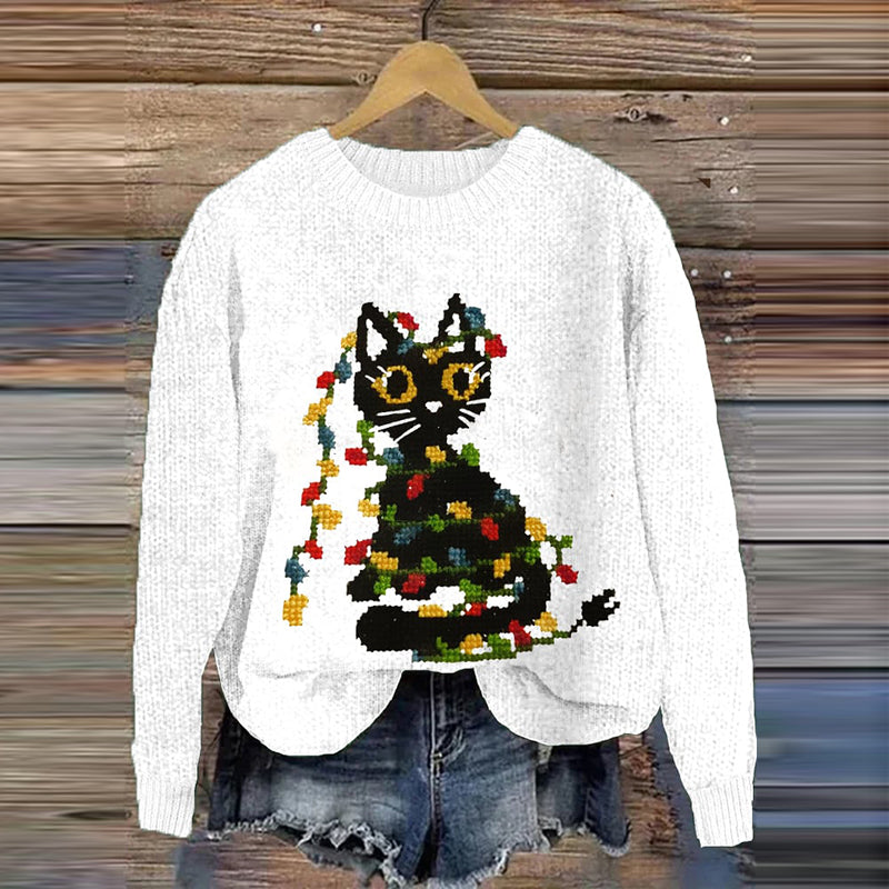 Women's Christmas Cat Coloured Lights Knit Casual Sweater elevenforest