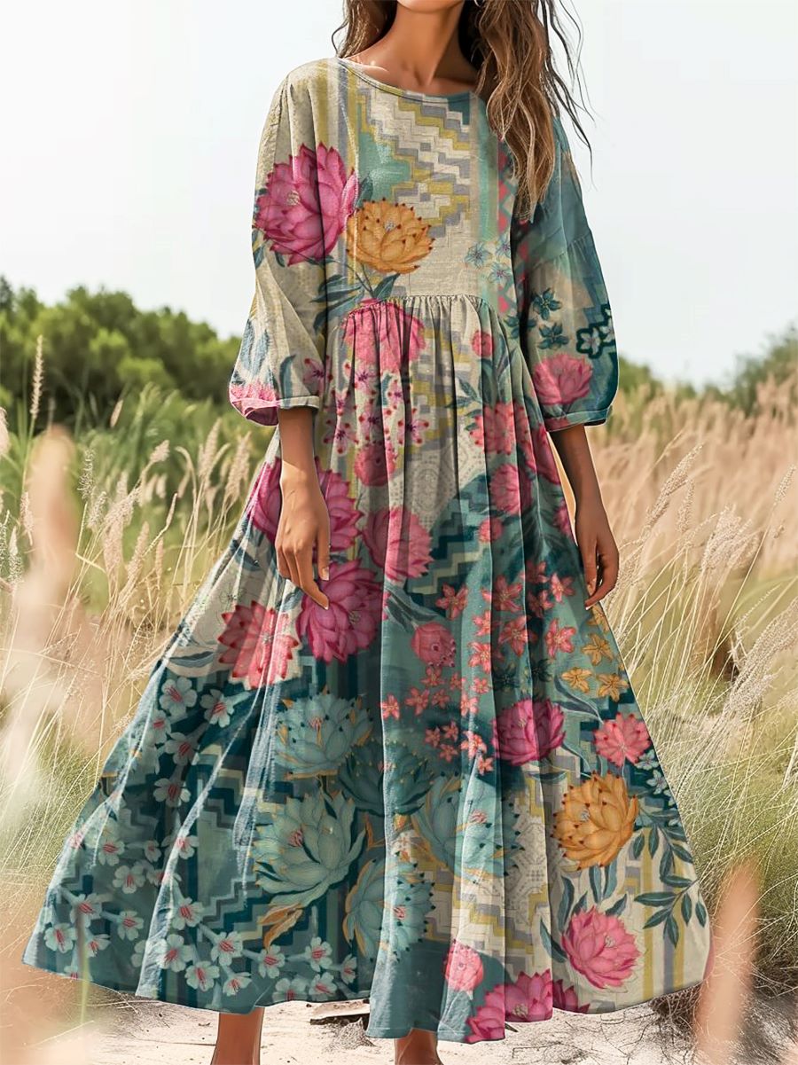 Women's Floral Art Print Cotton Crew Neck Dress