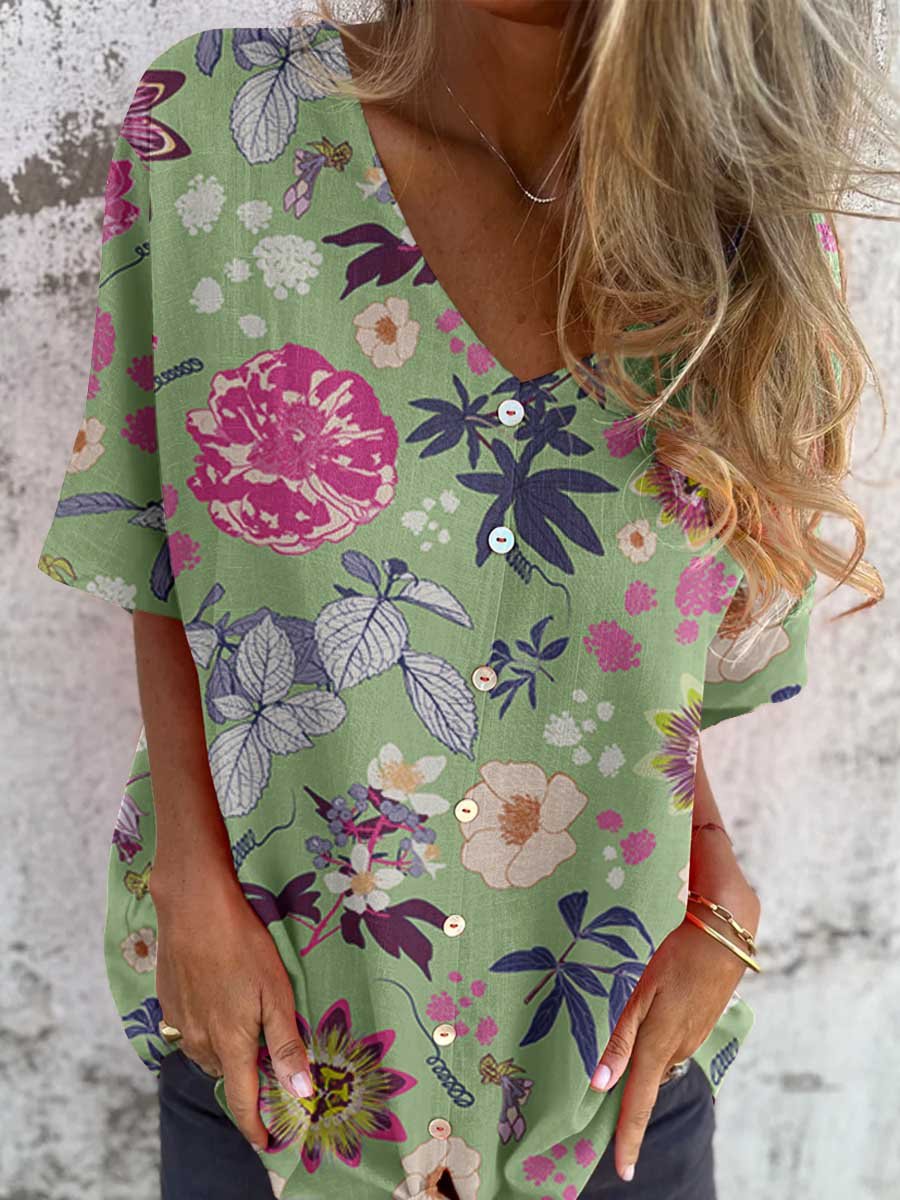 Women's Elegant Floral Shirt Style Cotton and Linen Top