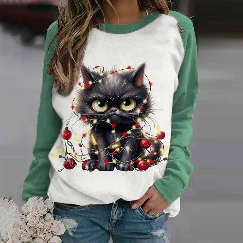 Women's Winter Black Cat Christmas Print Casual Sweatshirt elevenforest