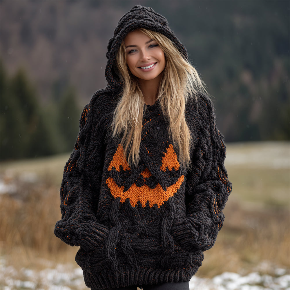 Halloween Pumpkin Face Women's Chunky Knit Hooded Sweater elevenforest