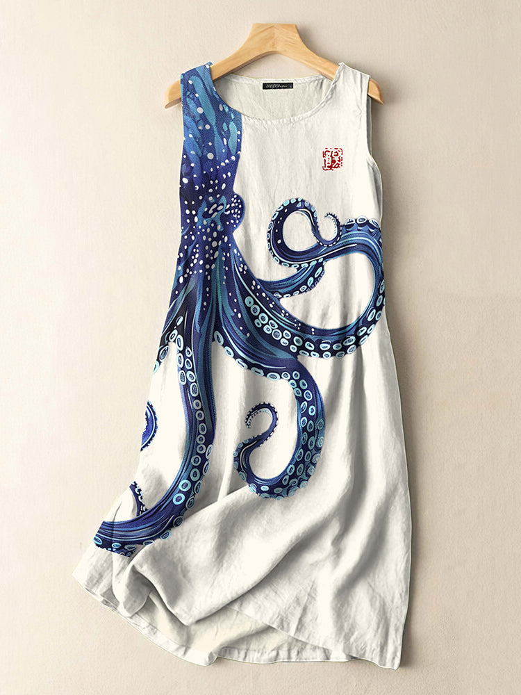 Vintage Japanese Octopus Art Print Sleeveless Cotton And Linen Midi Dr