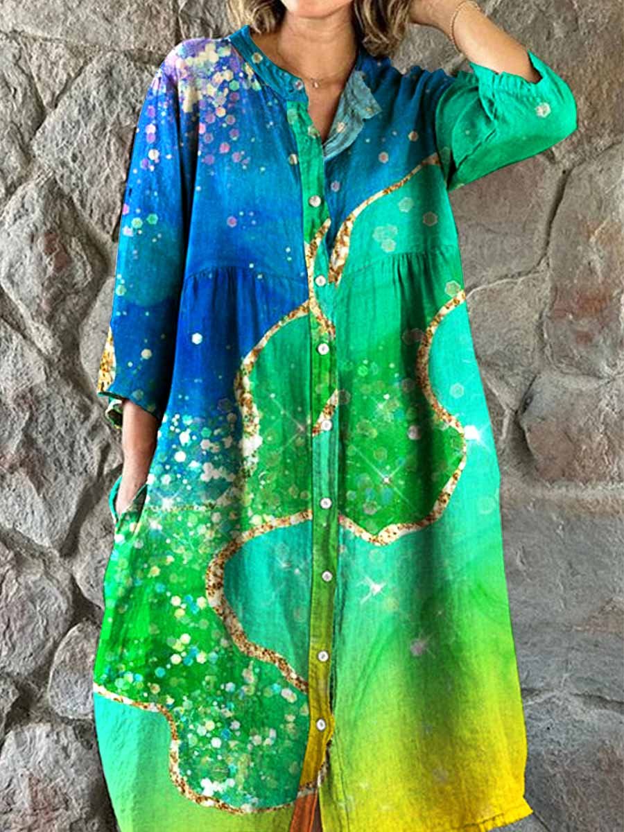 Women's Rainbow Color Fluid Art Shirt Collar Cotton and Linen Dress wi