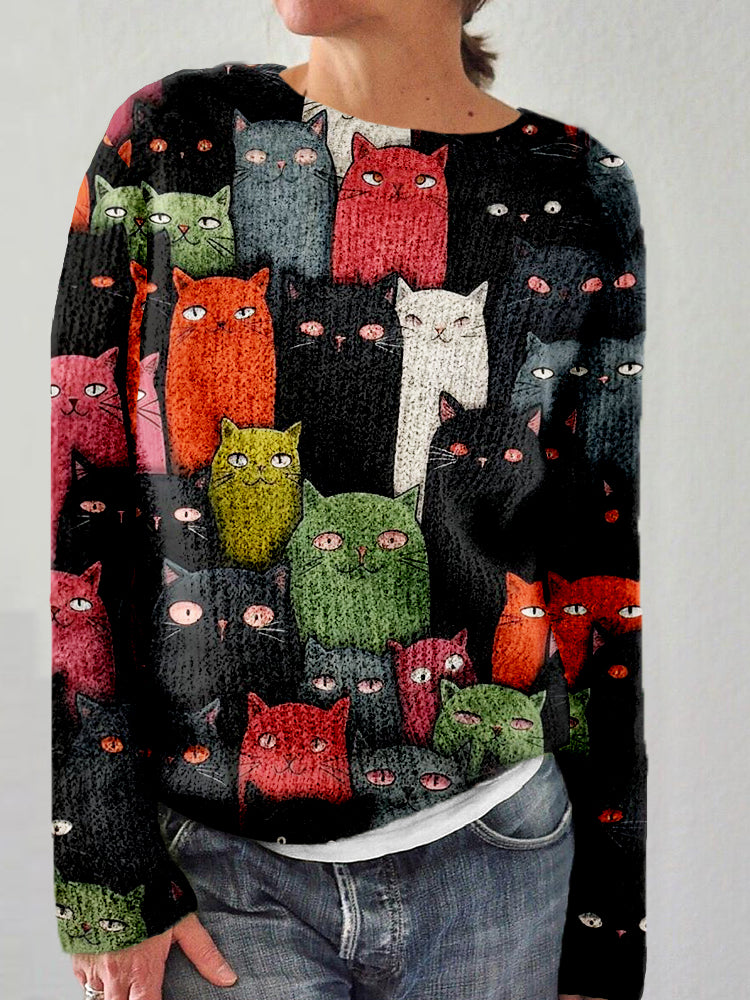 Cute Cats Graphic Round Neck Cozy Sweater elevenforest