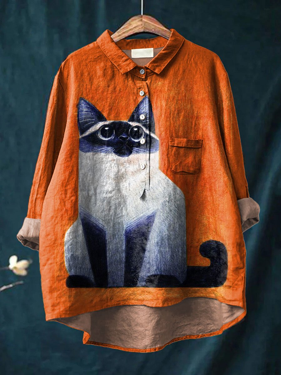 Vintage Funny Cat Art Print Casual Cotton And Linen Shirt