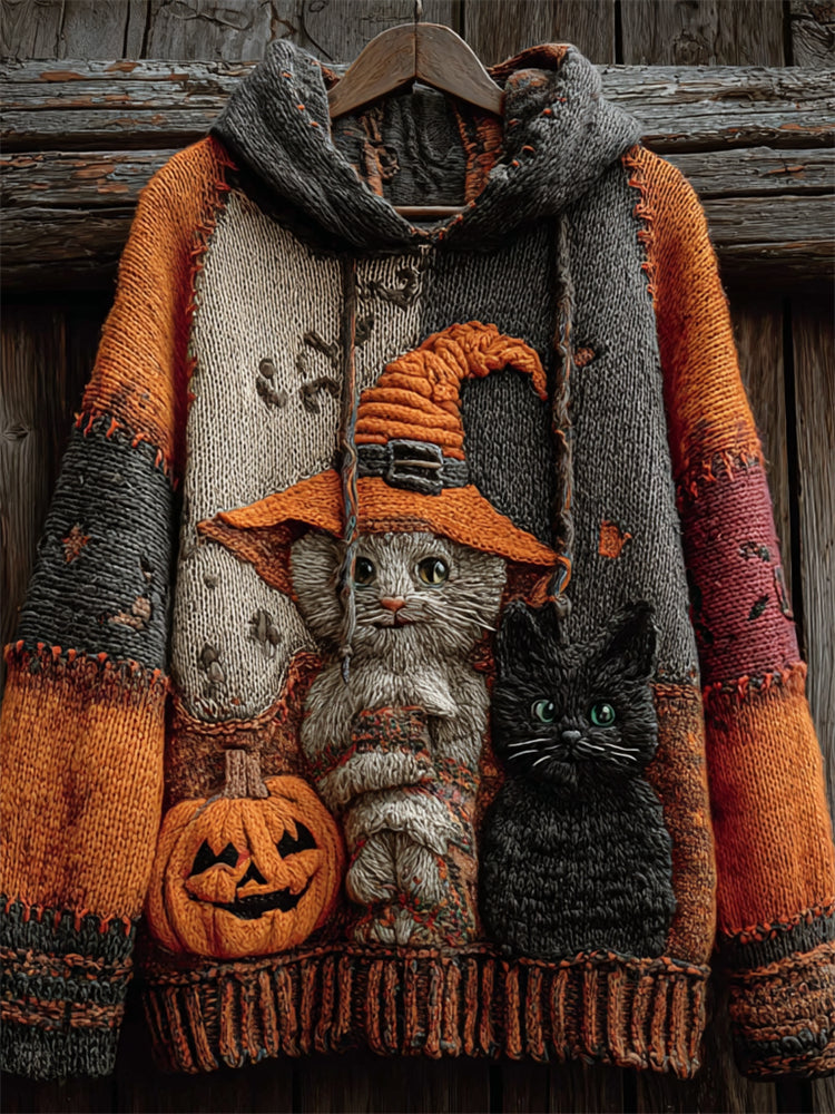 Halloween Witch Cats Colorblock Patchwork Hooded Knit Sweater elevenforest