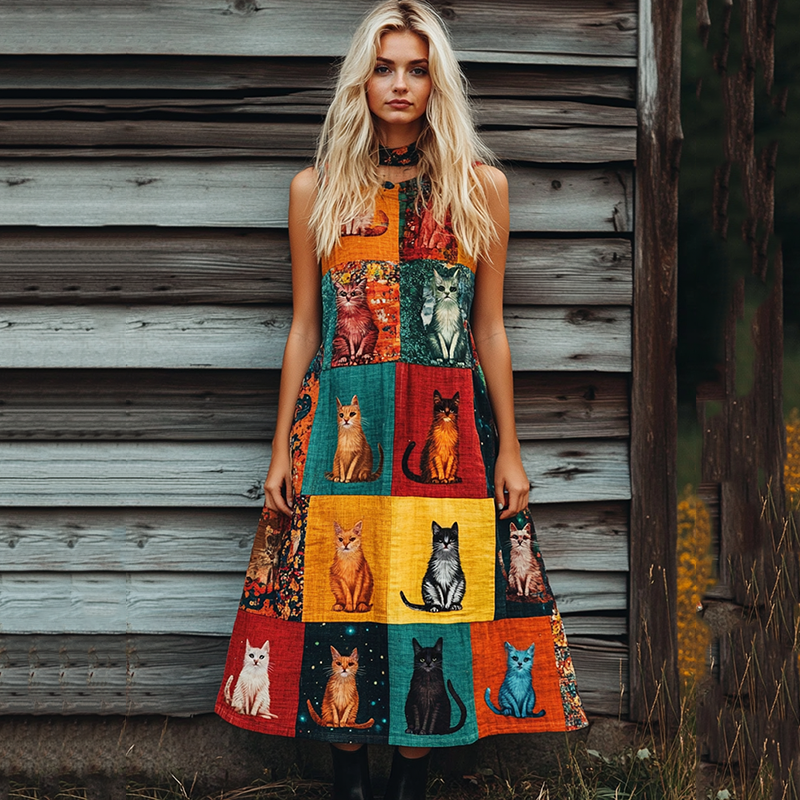 Comstylish Women's Pop Geometric Color Blocks Cat Art Cotton Linen Dress